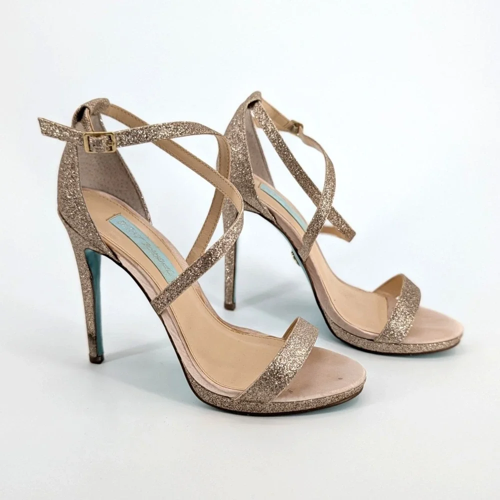 Blue by‎ Betsey Johnson ANDI Champagne Gold Glitter Platform Heels Size 6.5M